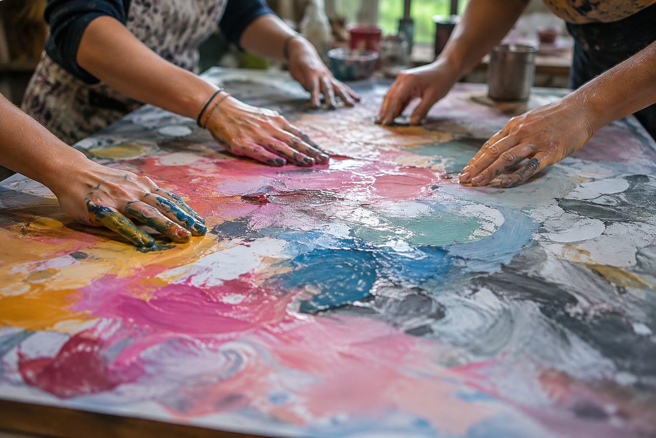 Adult hands working colour across a large shared canvas